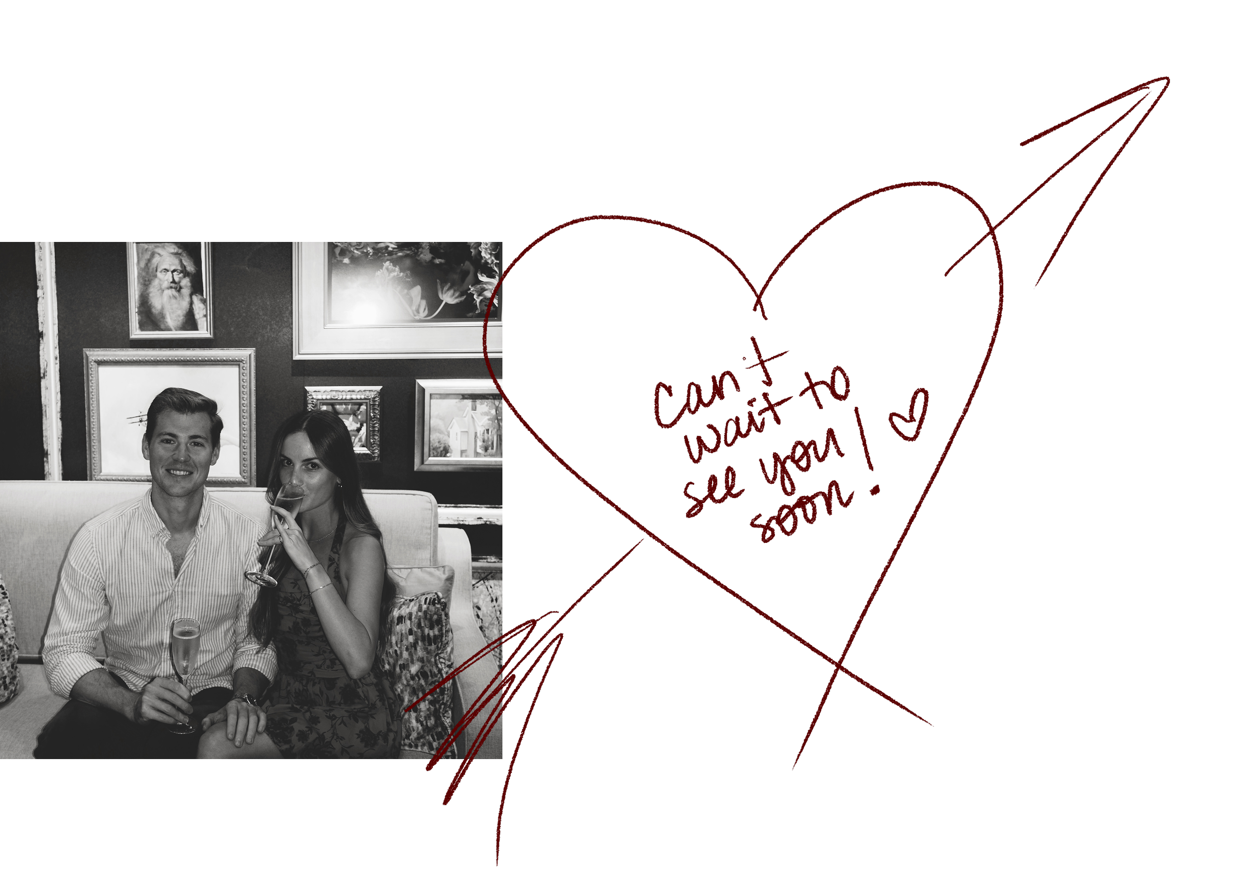 Sydney and Joshua sitting together with drinks, with a hand-drawn heart saying can't wait to see you soon